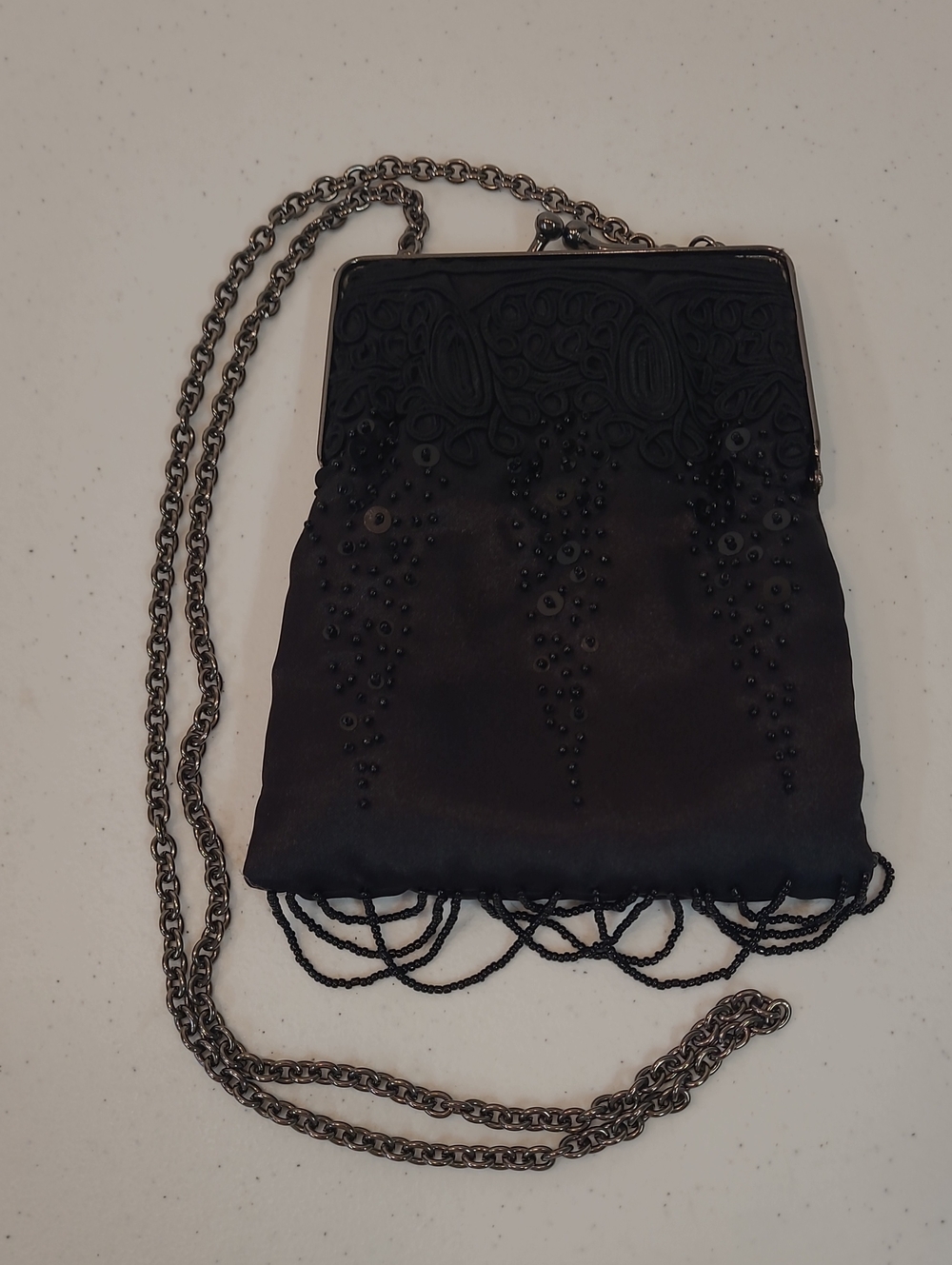 Original Gunne Sax Satin Black Beaded Sequin Evening Crossbody/Clutch Bag